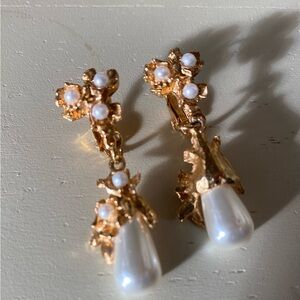 Gold and White Pearl Drop Earrings - Women Jewelry